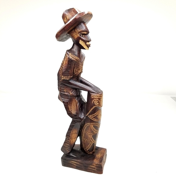 Folk Art Handcarved Wooden Man with Hat and Drum, Drummer Figurine Sculpture - Picture 2 of 11